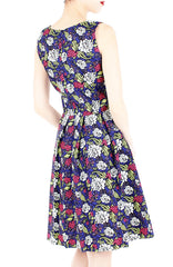 Rose & Radiance Flare Knee Length Dress - Sapphire Blue