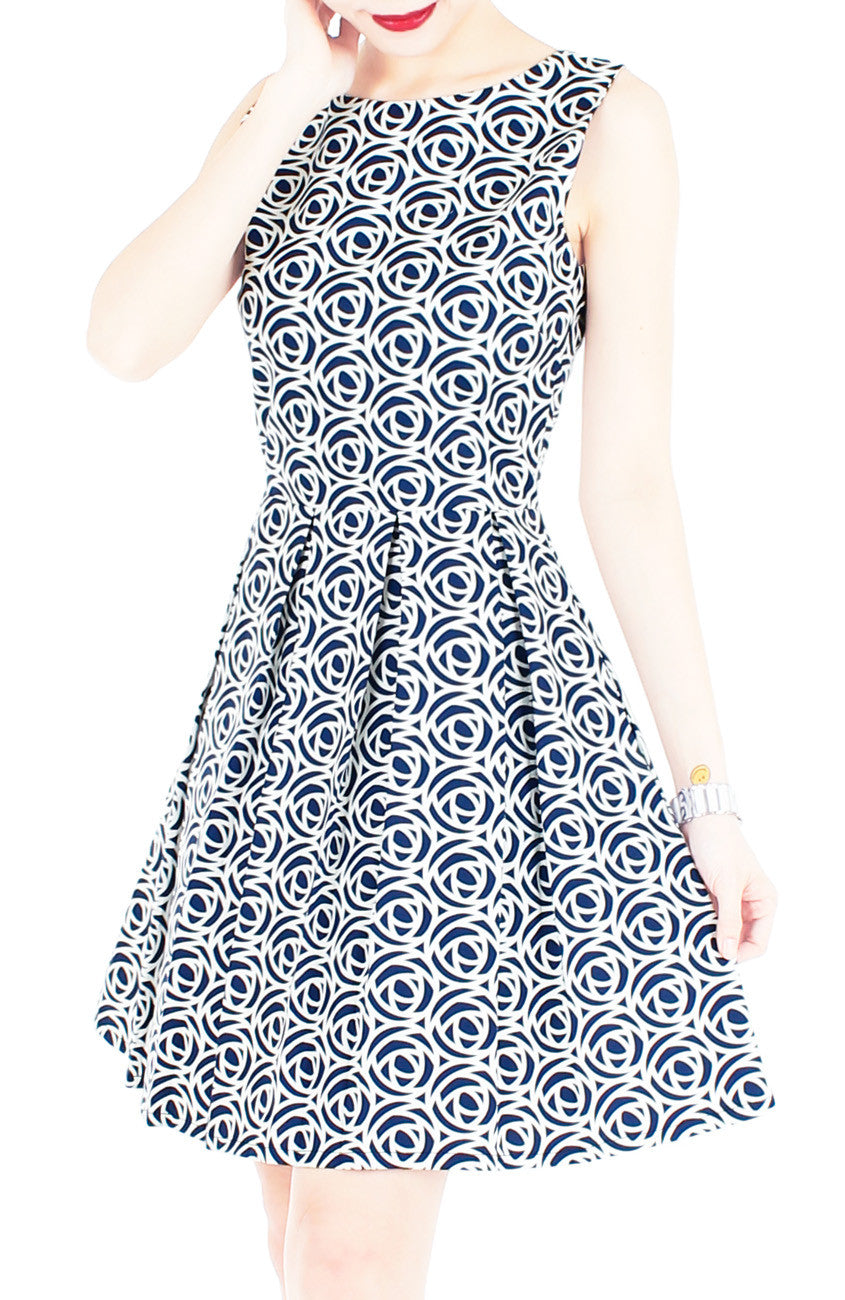 Roses Rendezvous Flare Dress - Oxford Blue