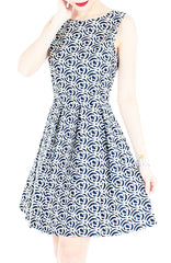 Roses Rendezvous Flare Dress - Oxford Blue