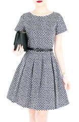 Rosette Doily Flare Dress with Short Sleeves - Ink Blue