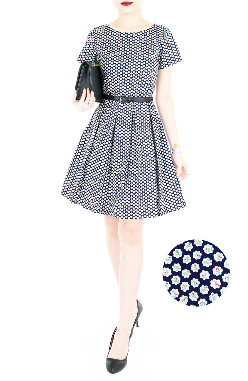 Rosette Doily Flare Dress with Short Sleeves - Ink Blue