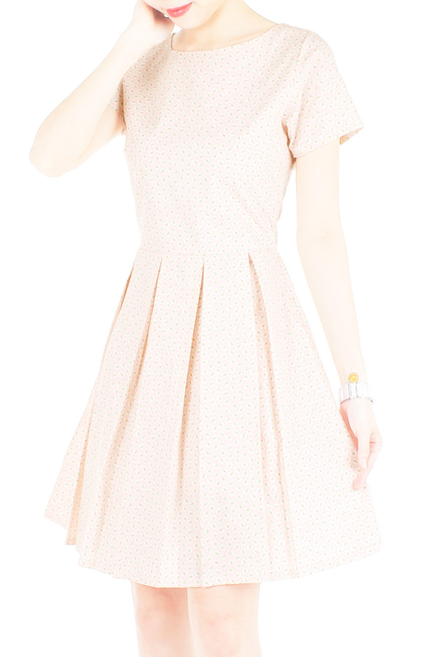 Rosette Doily Flare Dress with Short Sleeves - Petal Pink