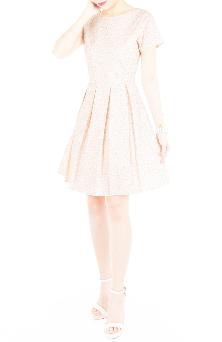 Rosette Doily Flare Dress with Short Sleeves - Petal Pink