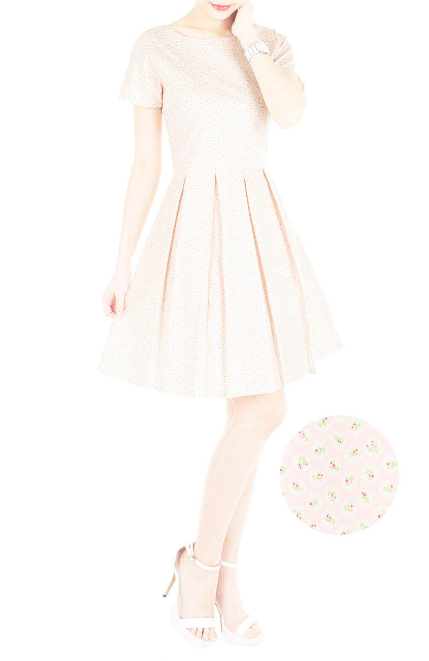 Rosette Doily Flare Dress with Short Sleeves - Petal Pink