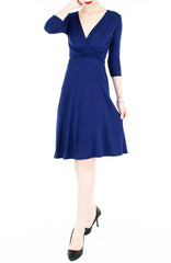 Romantic Knot Front Dress with ¾ Length Sleeves - Monaco Blue