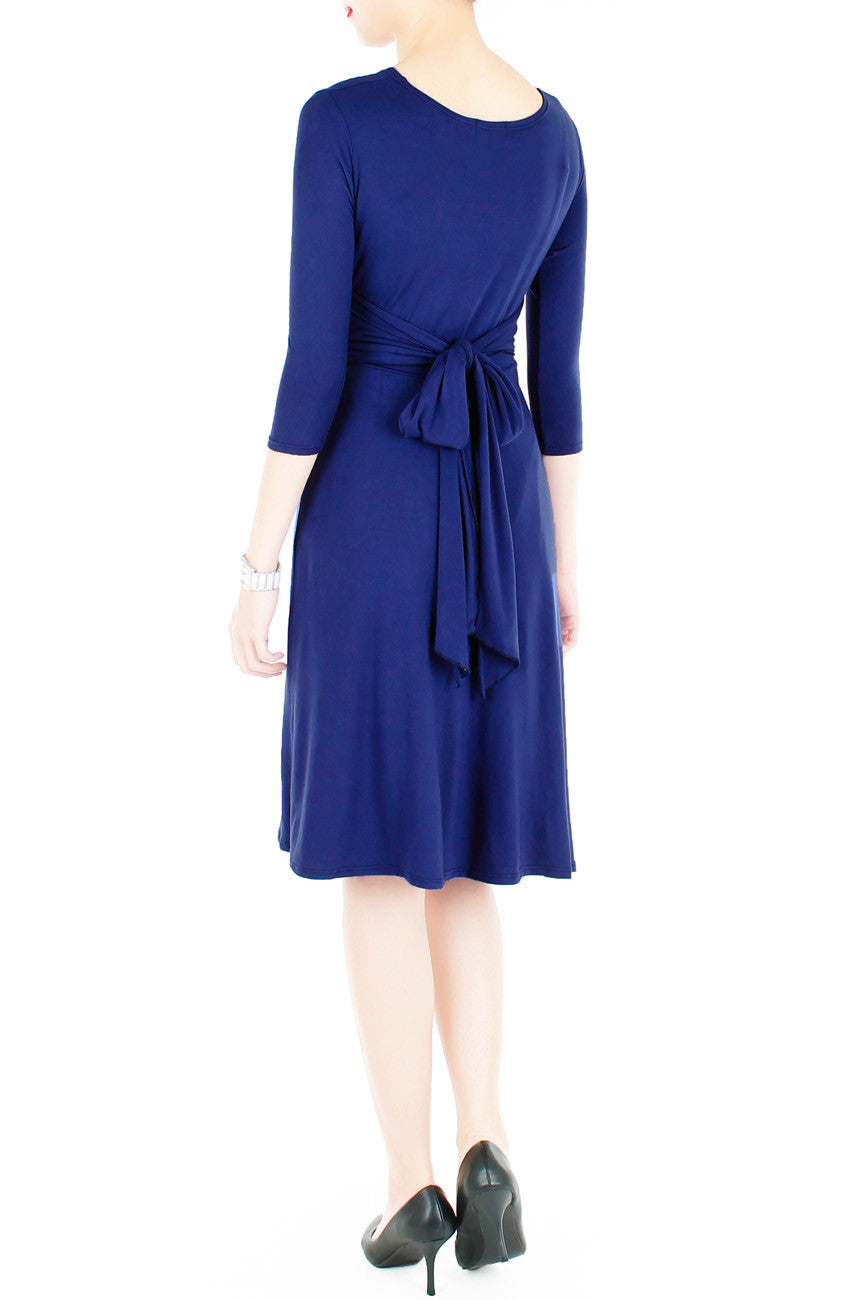 Romantic Knot Front Dress with ¾ Length Sleeves - Monaco Blue