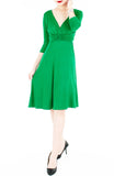 Romantic Knot Front Dress with ¾ Length Sleeves - Emerald Green