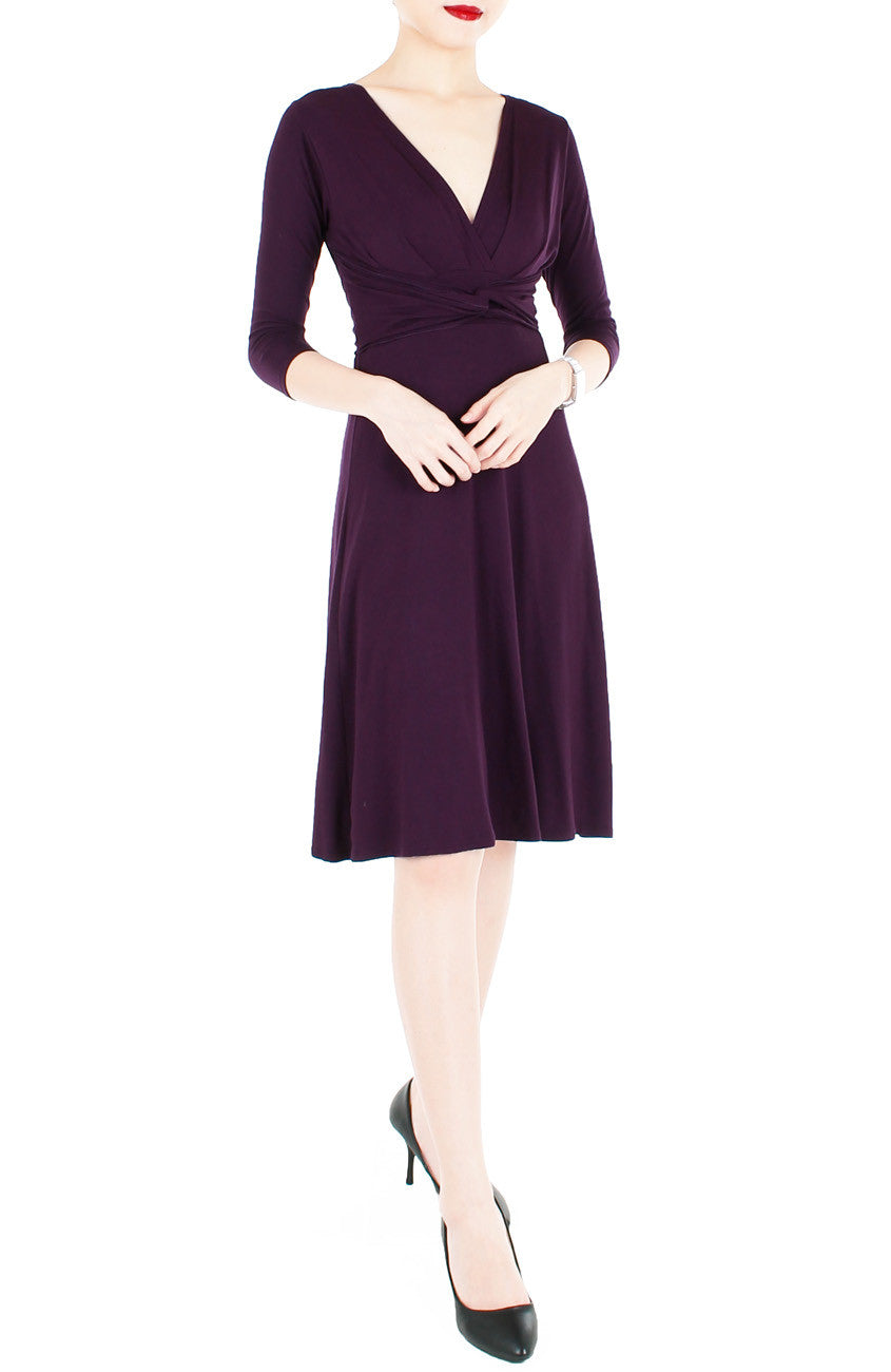 Romantic Knot Front Dress with ¾ Length Sleeves - Mulberry