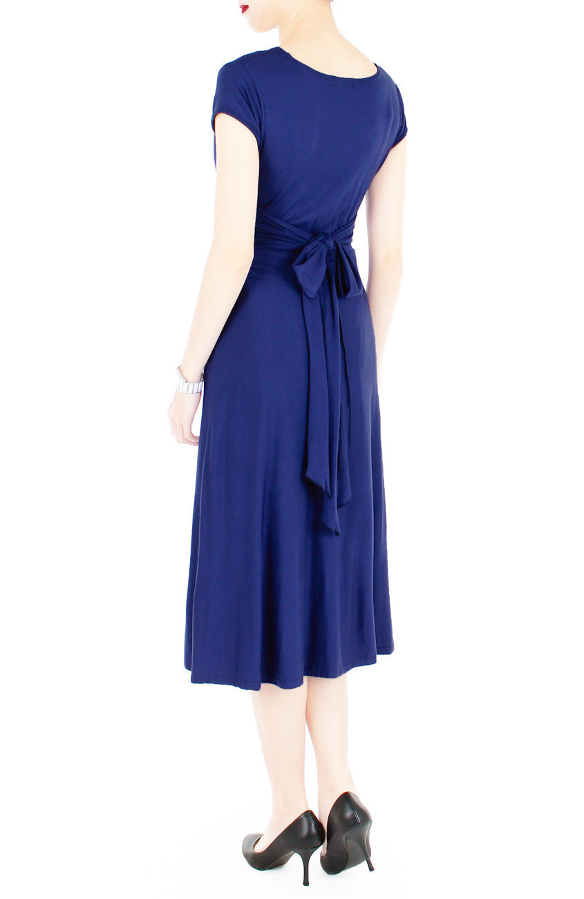 Romantic Knot Front Dress with Short Sleeves Midi Length - Monaco Blue