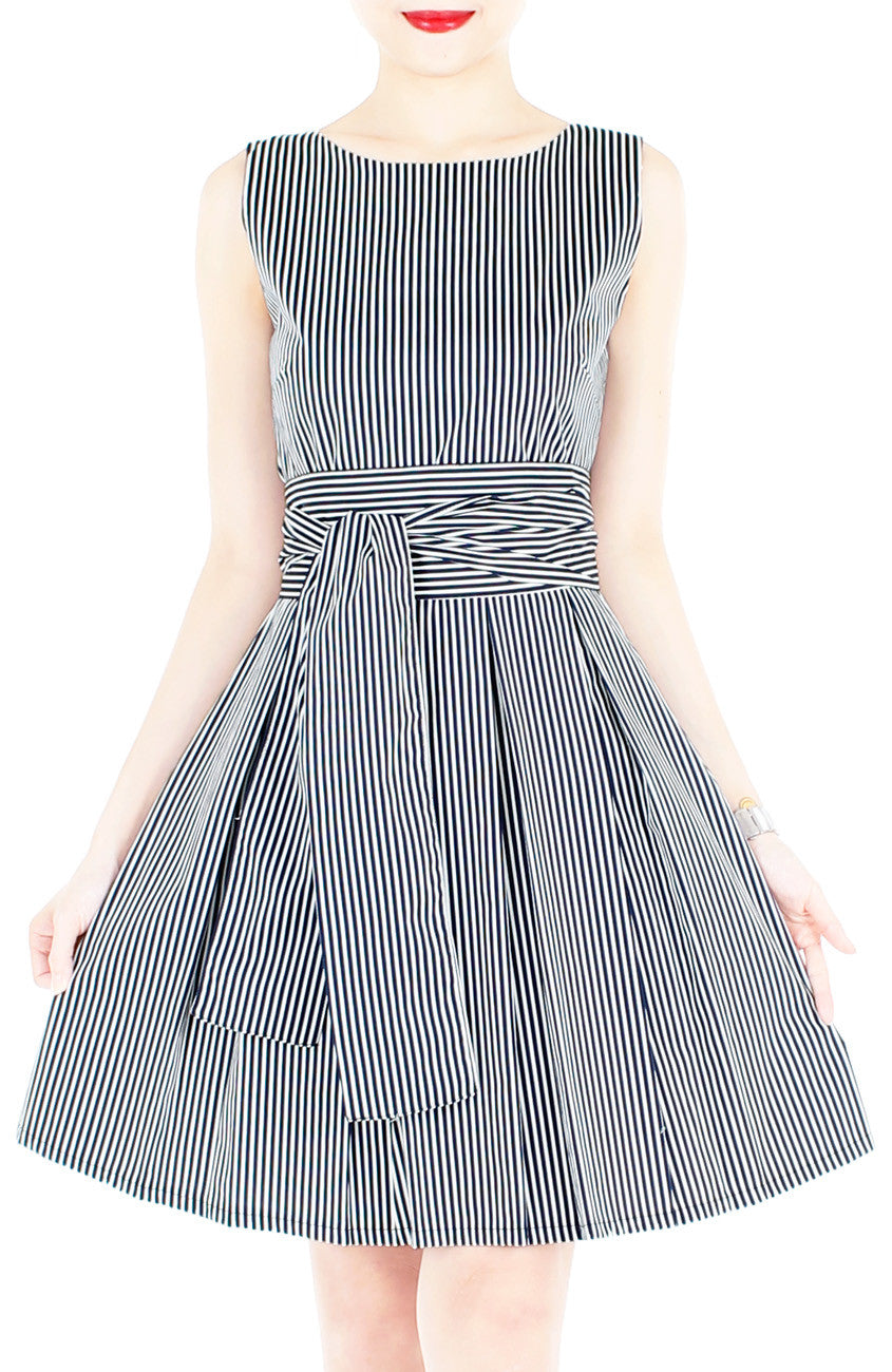 Serenity Striped Flare Dress with Obi Belt - Dark Blue