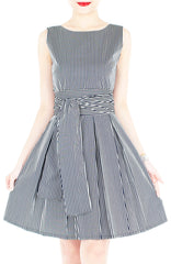 Serenity Striped Flare Dress with Obi Belt - Dark Blue