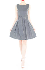 Serenity Striped Flare Dress with Obi Belt - Dark Blue