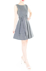 Serenity Striped Flare Dress with Obi Belt - Dark Blue