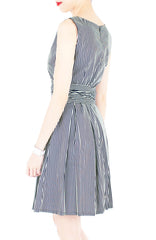 Serenity Striped Flare Dress with Obi Belt - Dark Blue