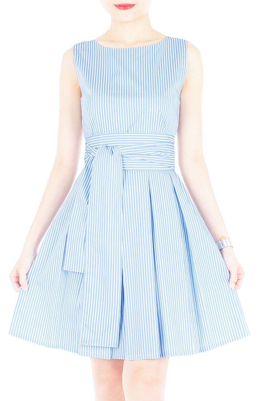 Serenity Striped Flare Dress with Obi Belt - Light Blue
