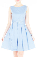 Serenity Striped Flare Dress with Obi Belt - Light Blue