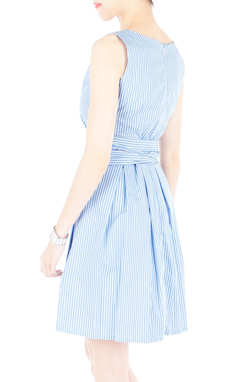 Serenity Striped Flare Dress with Obi Belt - Light Blue