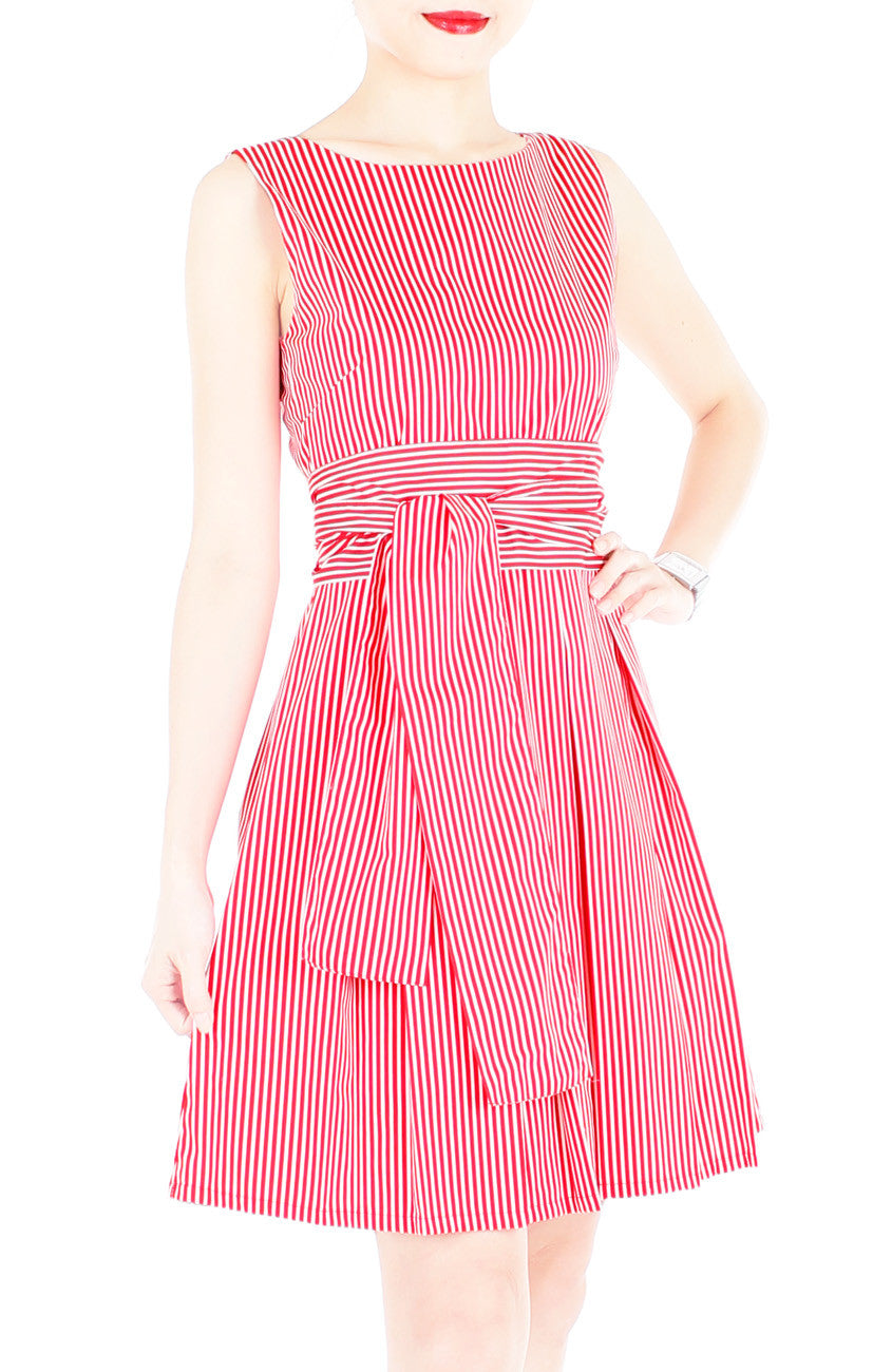 Serenity Striped Flare Dress with Obi Belt - Lipstick Red