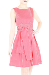 Serenity Striped Flare Dress with Obi Belt - Lipstick Red