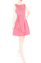 Serenity Striped Flare Dress with Obi Belt - Lipstick Red