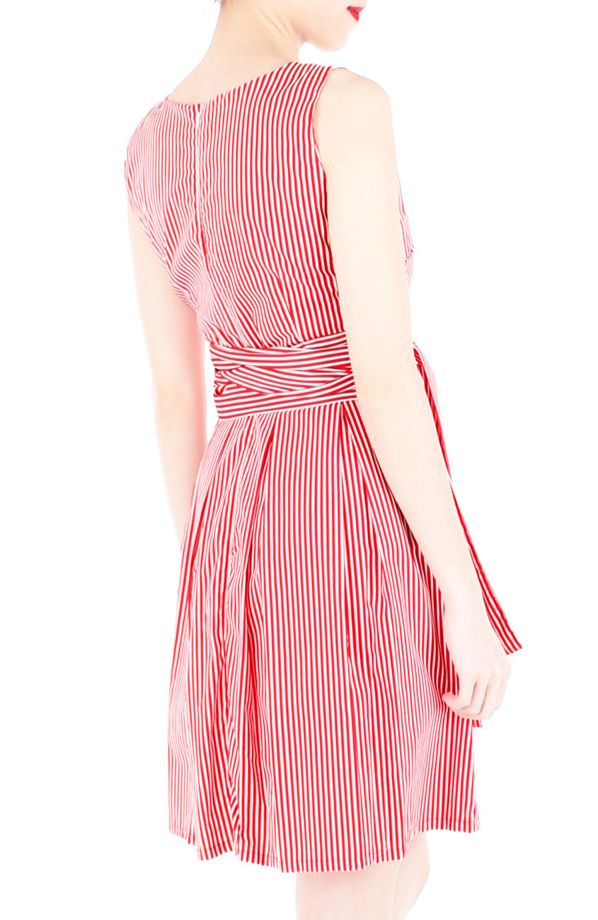 Serenity Striped Flare Dress with Obi Belt - Lipstick Red