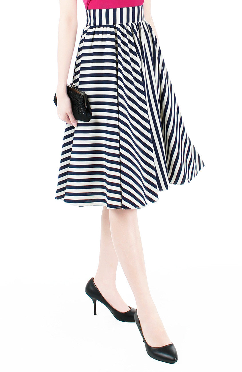 Smitten by Stripes 50s Flare Skirt - Midnight Blue