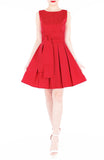 Snowflake Spots Flare Dress with Obi Belt - Cherry Red