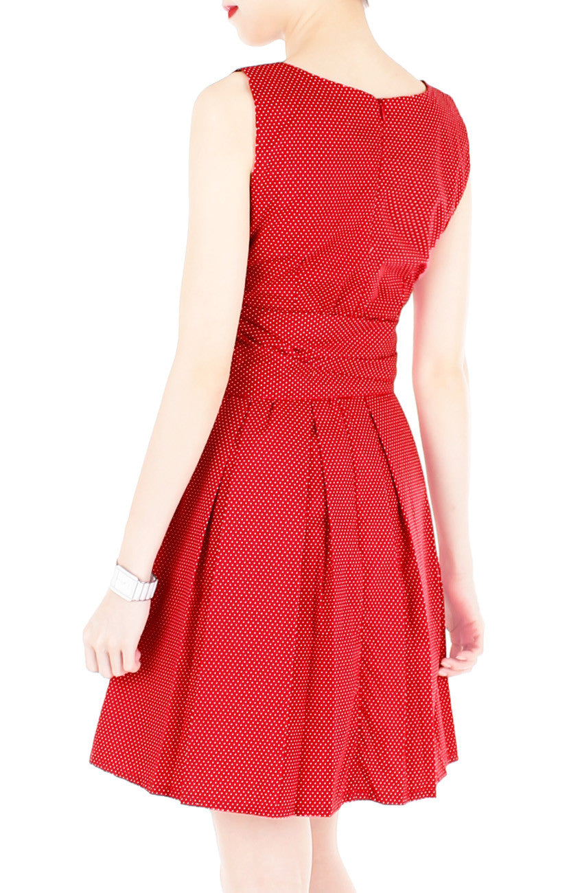 Snowflake Spots Flare Dress with Obi Belt - Cherry Red