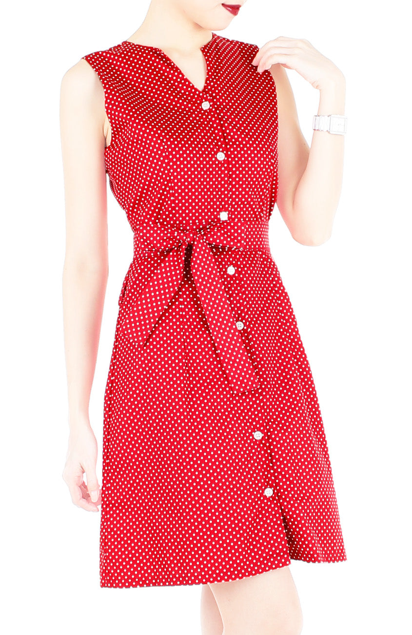 Snowflake Spots A-Line Button Down Dress with Belt - Red