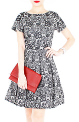 Sophisticated Specialty Lace Flare Dress with Short Sleeves - Black