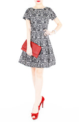 Sophisticated Specialty Lace Flare Dress with Short Sleeves - Black