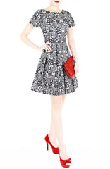 Sophisticated Specialty Lace Flare Dress with Short Sleeves - Black