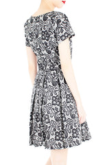 Sophisticated Specialty Lace Flare Dress with Short Sleeves - Black