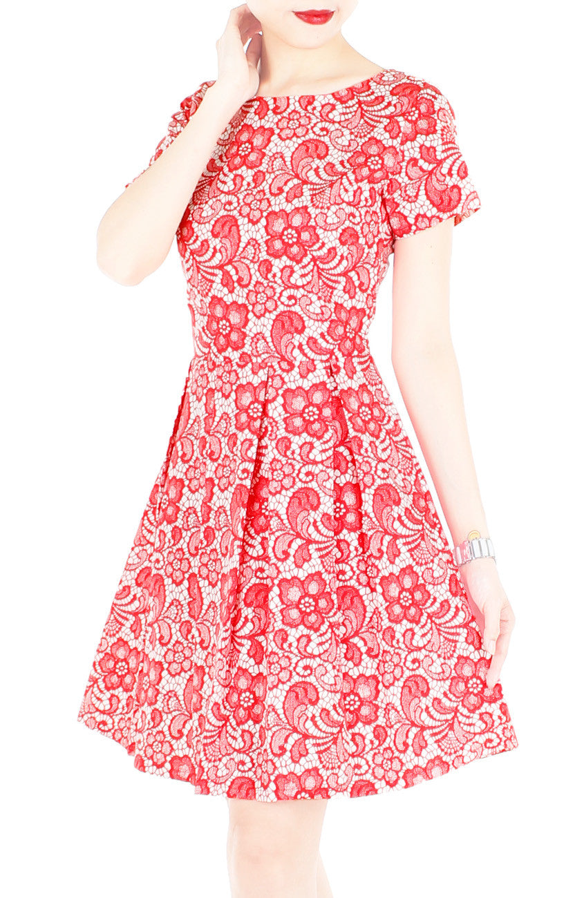 Sophisticated Specialty Lace Flare Dress with Short Sleeves - Lipstick Red