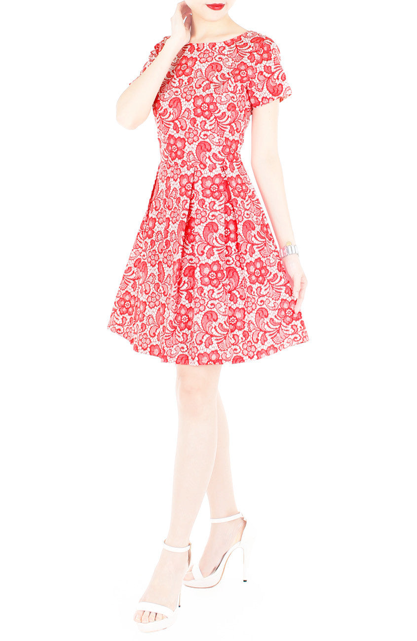 Sophisticated Specialty Lace Flare Dress with Short Sleeves - Lipstick Red