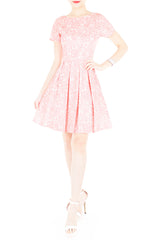 Sophisticated Specialty Lace Flare Dress with Short Sleeves - Soft Pink