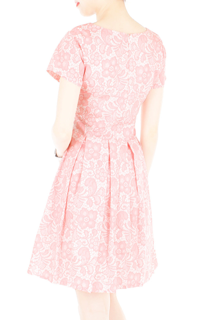 Sophisticated Specialty Lace Flare Dress with Short Sleeves - Soft Pink