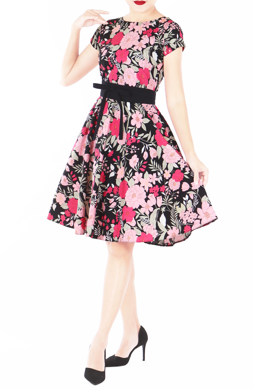 Spring Camellias Flare Tea Dress - Noir Red