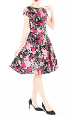 Spring Camellias Flare Tea Dress - Noir Red