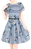 Stripes & Florals Done Right Flare Dress with Short Sleeves - Azure Blue