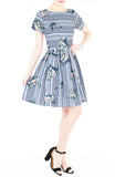 Stripes & Florals Done Right Flare Dress with Short Sleeves - Azure Blue