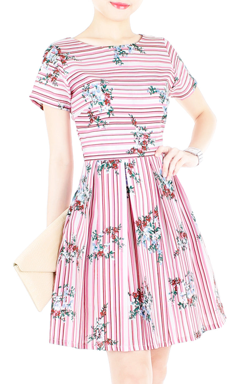 Stripes & Florals Done Right Flare Dress with Short Sleeves - Rose Pink