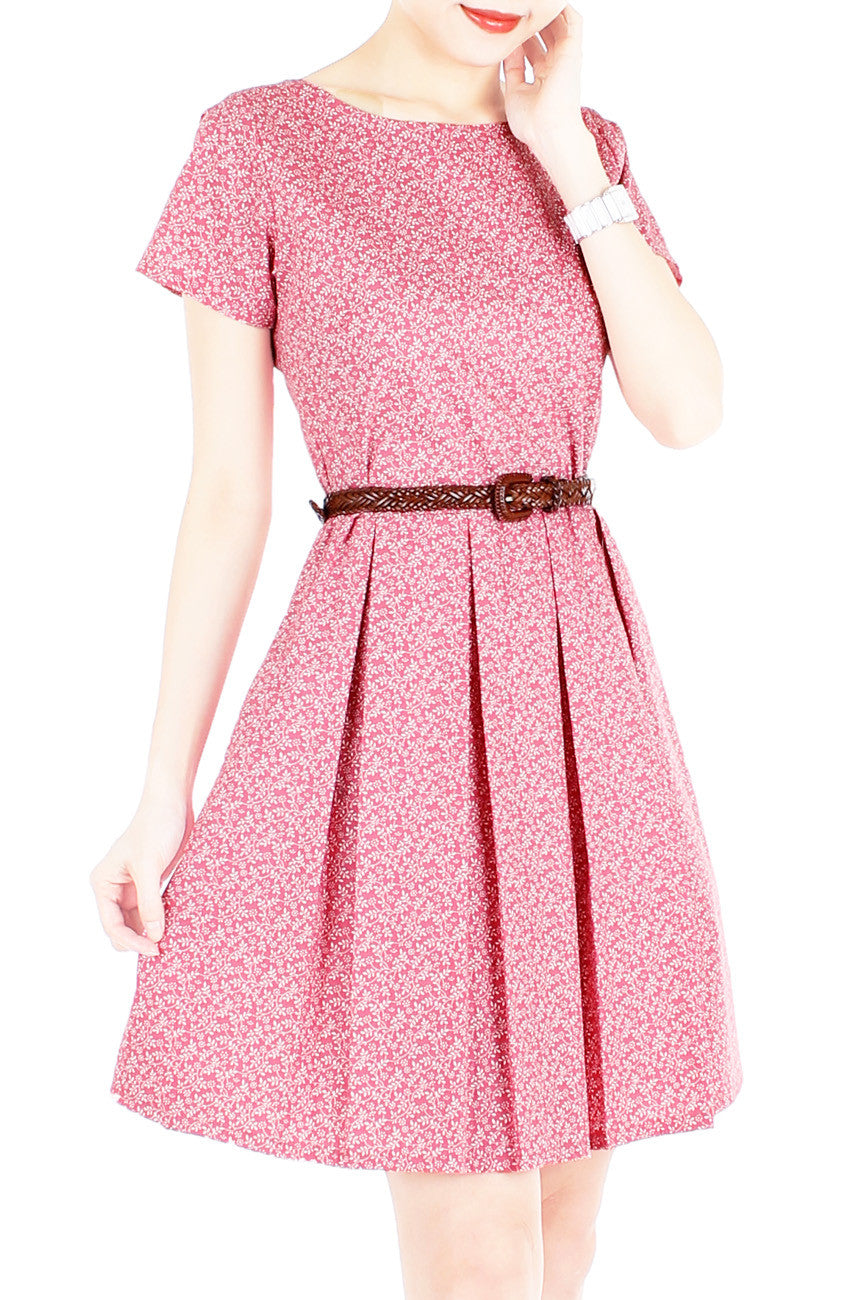 Sweetest Vine Blooms Flare Dress with Short Sleeves - Vintage Red
