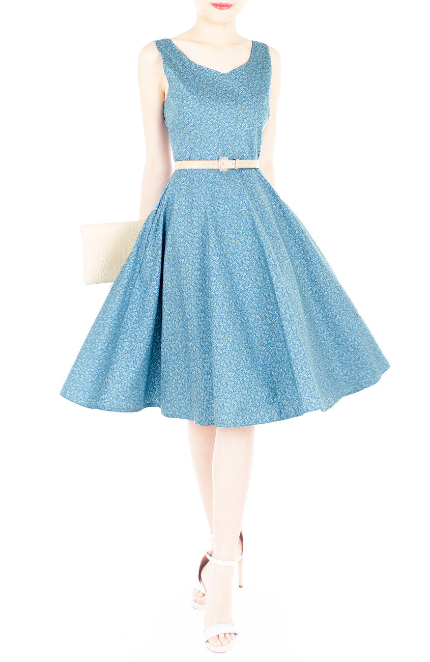 Sweetest Vine Blooms Flare Midi Dress - Vintage Blue