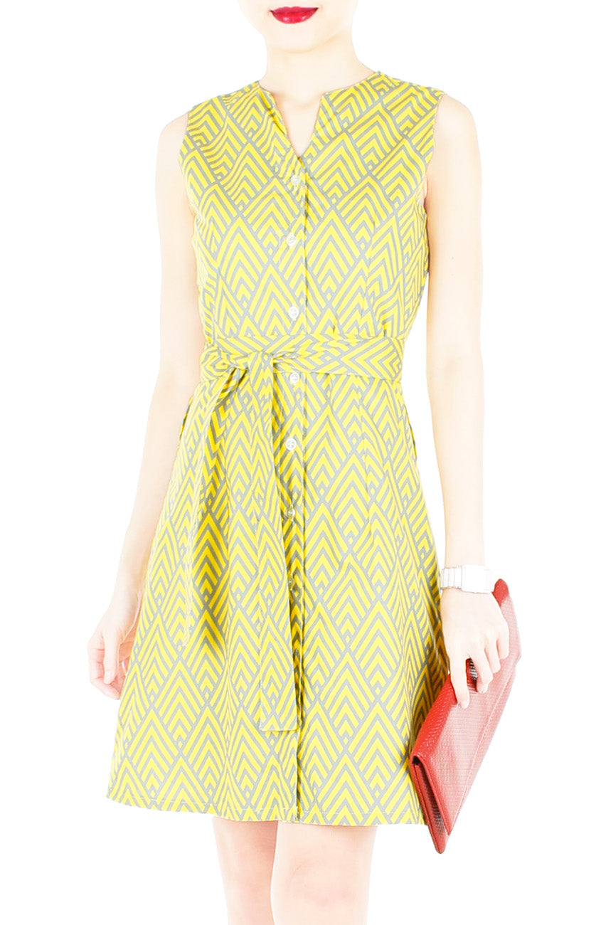 Takayama Japanese Print A-Line Button Down Dress - Yellow