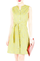 Takayama Japanese Print A-Line Button Down Dress - Yellow