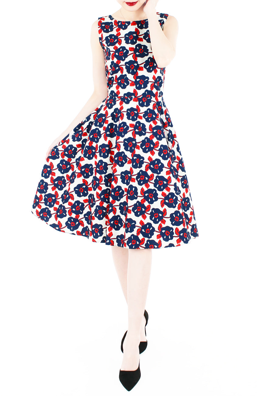 Timeless Magnetism Flare Midi Dress - Navy & Red Floral