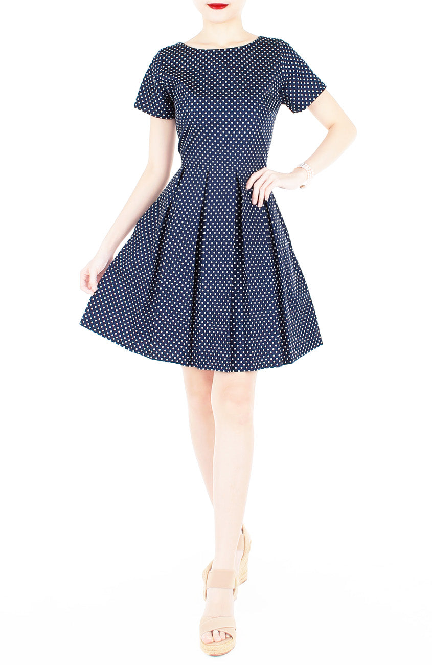 Traveler’s Tune Polka Dot Flare Dress with Short Sleeves - Navy Blue