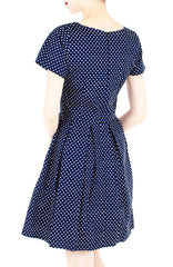 Traveler’s Tune Polka Dot Flare Dress with Short Sleeves - Navy Blue