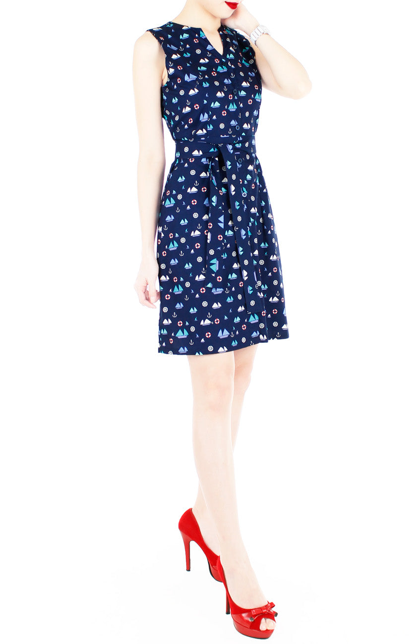 Unstoppably Nautical A-Line Button Down Dress with Belt - Blue Sails